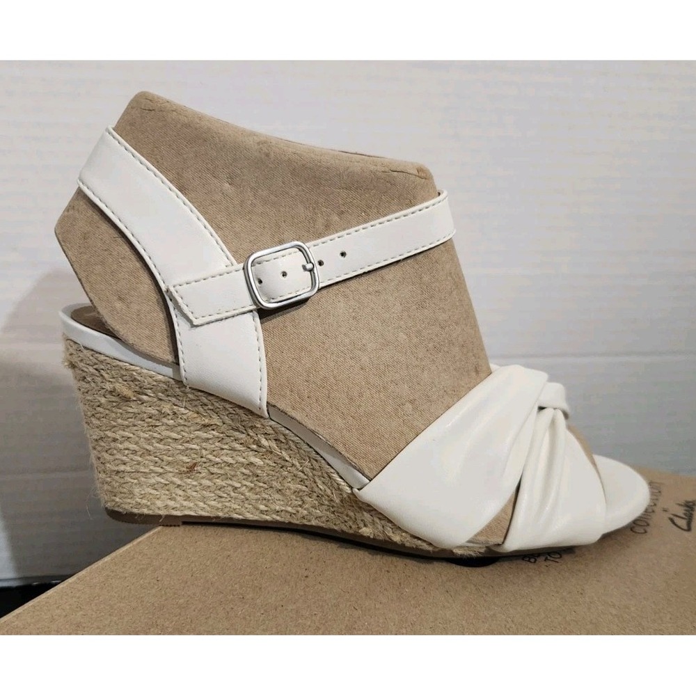 Clarks Women's Margee Beth White Wedge Sandal Size 7 W Espadrille‎ Leather NEW - Picture 4 of 10